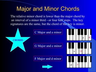 Major and Minor ChordsMajor and Minor Chords
The relative minor chord is lower than the major chord by
an interval of a minor third - or four half steps. The key
signatures are the same, but the chord of the key is minor.
CHORDS
C Major and a minor
G Major and e minor
F Major and d minor
Ca
Ge
Fd
 