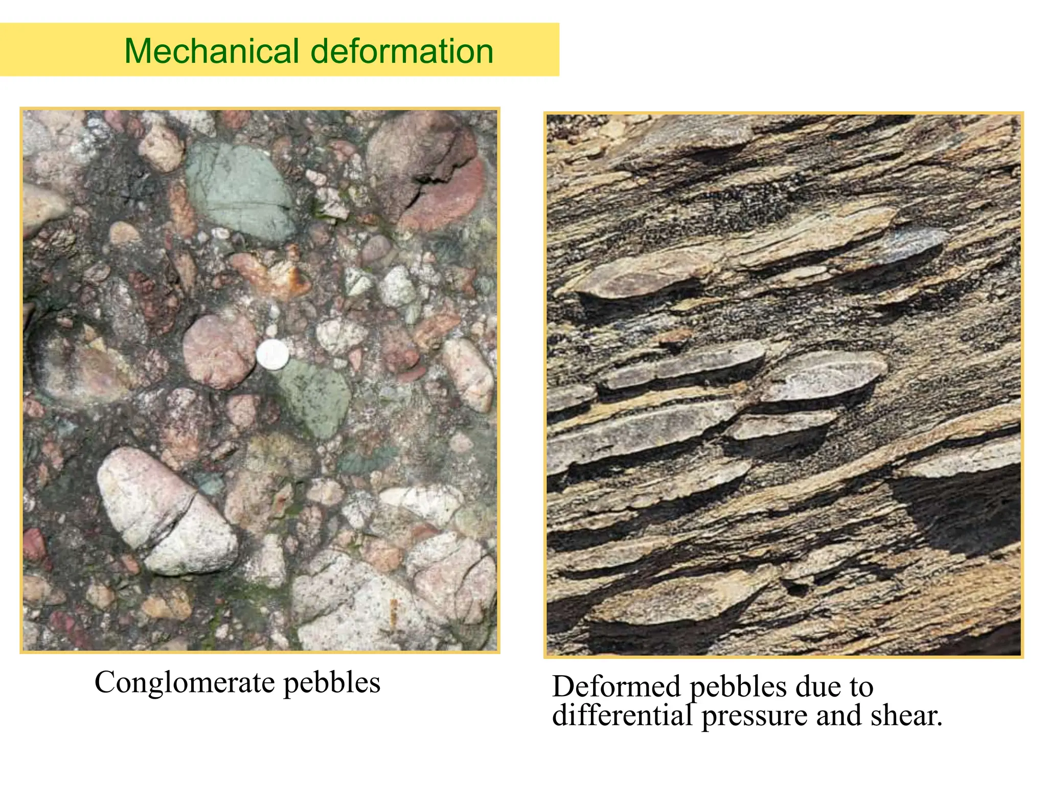 Mechanical deformation
Conglomerate pebbles Deformed pebbles due to
differential pressure and shear.
 
