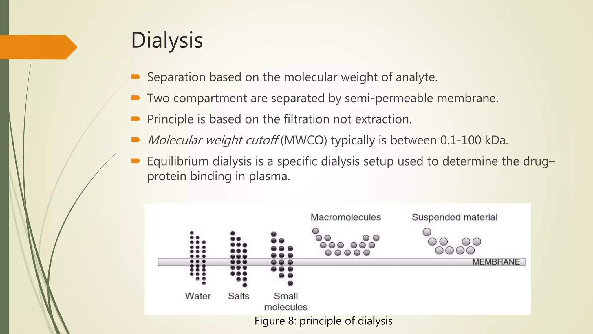 Dialysis
 Separation based on the molecular weight of analyte.
 Two compartment are separated by semi-permeable membrane.
 Principle is based on the filtration not extraction.
 Molecular weight cutoff (MWCO) typically is between 0.1-100 kDa.
 Equilibrium dialysis is a specific dialysis setup used to determine the drug–
protein binding in plasma.
Figure 8: principle of dialysis
 