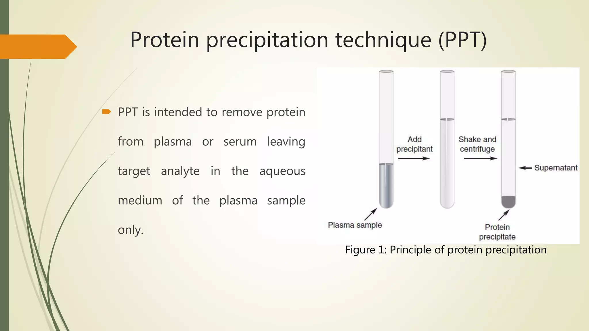 Protein precipitation technique (PPT)
 PPT is intended to remove protein
from plasma or serum leaving
target analyte in the aqueous
medium of the plasma sample
only.
Figure 1: Principle of protein precipitation
 