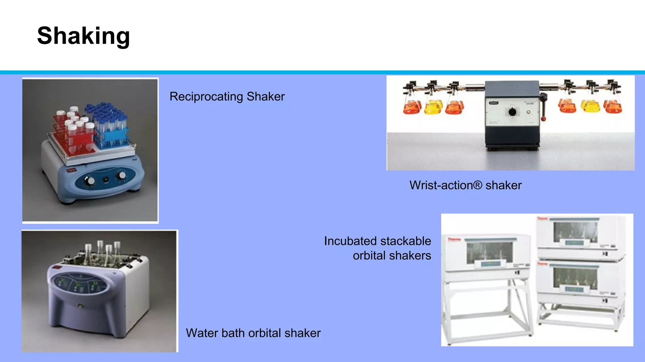 Shaking
Reciprocating Shaker
Water bath orbital shaker
Wrist-action® shaker
Incubated stackable
orbital shakers
 