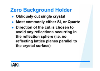 Zero Background Holder
 Obliquely cut single crystal
 Most commonly either Si, or Quartz
 Direction of the cut is chosen to
 avoid any reflections occurring in
 the reflection sphere (i.e. no
 reflecting lattice planes parallel to
 the crystal surface)
 