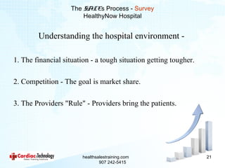 The SALEs Process - Survey
                        HealthyNow Hospital


        Understanding the hospital environment -

1. The financial situation - a tough situation getting tougher.

2. Competition - The goal is market share.

3. The Providers "Rule" - Providers bring the patients.




                        healthsalestraining.com                   21
                                907 242-5415
 