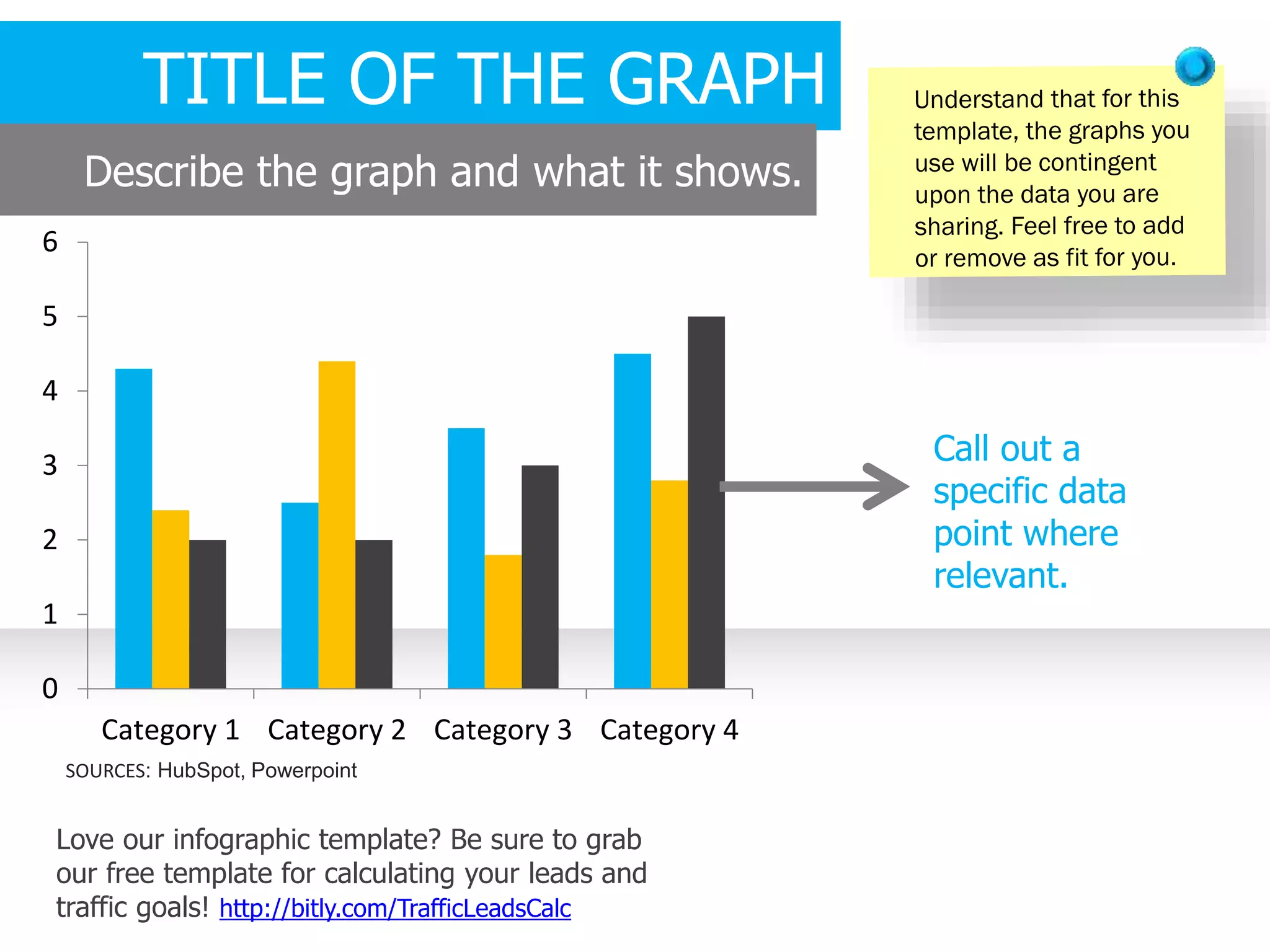 0
1
2
3
4
5
6
Category 1 Category 2 Category 3 Category 4
TITLE OF THE GRAPH
Describe the graph and what it shows.
Call out a
specific data
point where
relevant.
SOURCES: HubSpot, Powerpoint
Love our infographic template? Be sure to grab
our free template for calculating your leads and
traffic goals! http://bitly.com/TrafficLeadsCalc
 