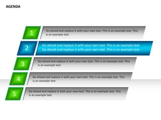 2
Go ahead and replace it with your own text. This is an example text.
Go ahead and replace it with your own text. This is an example text.
1
3
4
5
AGENDA
Go ahead and replace it with your own text. This is an example text. This
is an example text
Go ahead and replace it with your own text. This is an example text. This
is an example text
Go ahead and replace it with your own text. This is an example text. This
is an example text
Go ahead and replace it with your own text. This is an example text. This
is an example text
 
