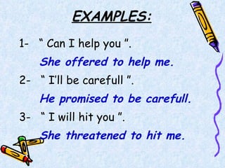 EXAMPLES: 1-  “ Can I help you ”. She offered to help me. 2-  “ I’ll be carefull ”. He promised to be carefull. 3-  “ I will hit you ”. She threatened to hit me.  