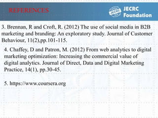 3. Brennan, R and Croft, R. (2012) The use of social media in B2B
marketing and branding: An exploratory study. Journal of Customer
Behaviour, 11(2),pp.101-115.
4. Chaffey, D and Patron, M. (2012) From web analytics to digital
marketing optimization: Increasing the commercial value of
digital analytics. Journal of Direct, Data and Digital Marketing
Practice, 14(1), pp.30-45.
5. https://www.coursera.org
REFERENCES
 