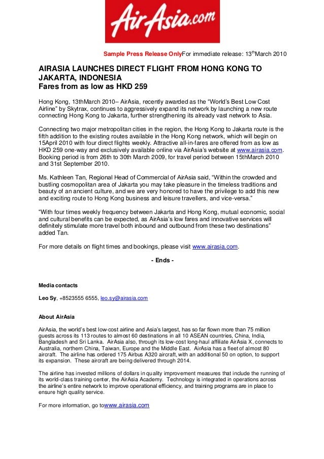 Sample Press Release for AirAsia