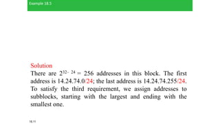 Example 18.5
Solution
There are 232– 24 = 256 addresses in this block. The first
address is 14.24.74.0/24; the last address is 14.24.74.255/24.
To satisfy the third requirement, we assign addresses to
subblocks, starting with the largest and ending with the
smallest one.
18.11
 