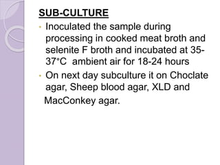 SUB-CULTURE
• Inoculated the sample during
processing in cooked meat broth and
selenite F broth and incubated at 35-
37°C ambient air for 18-24 hours
• On next day subculture it on Choclate
agar, Sheep blood agar, XLD and
MacConkey agar.
 