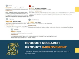 Customer reviews will determine which area requires product
improvement.
PRODUCT RESEARCH
PRODUCT IMPROVEMENT
 