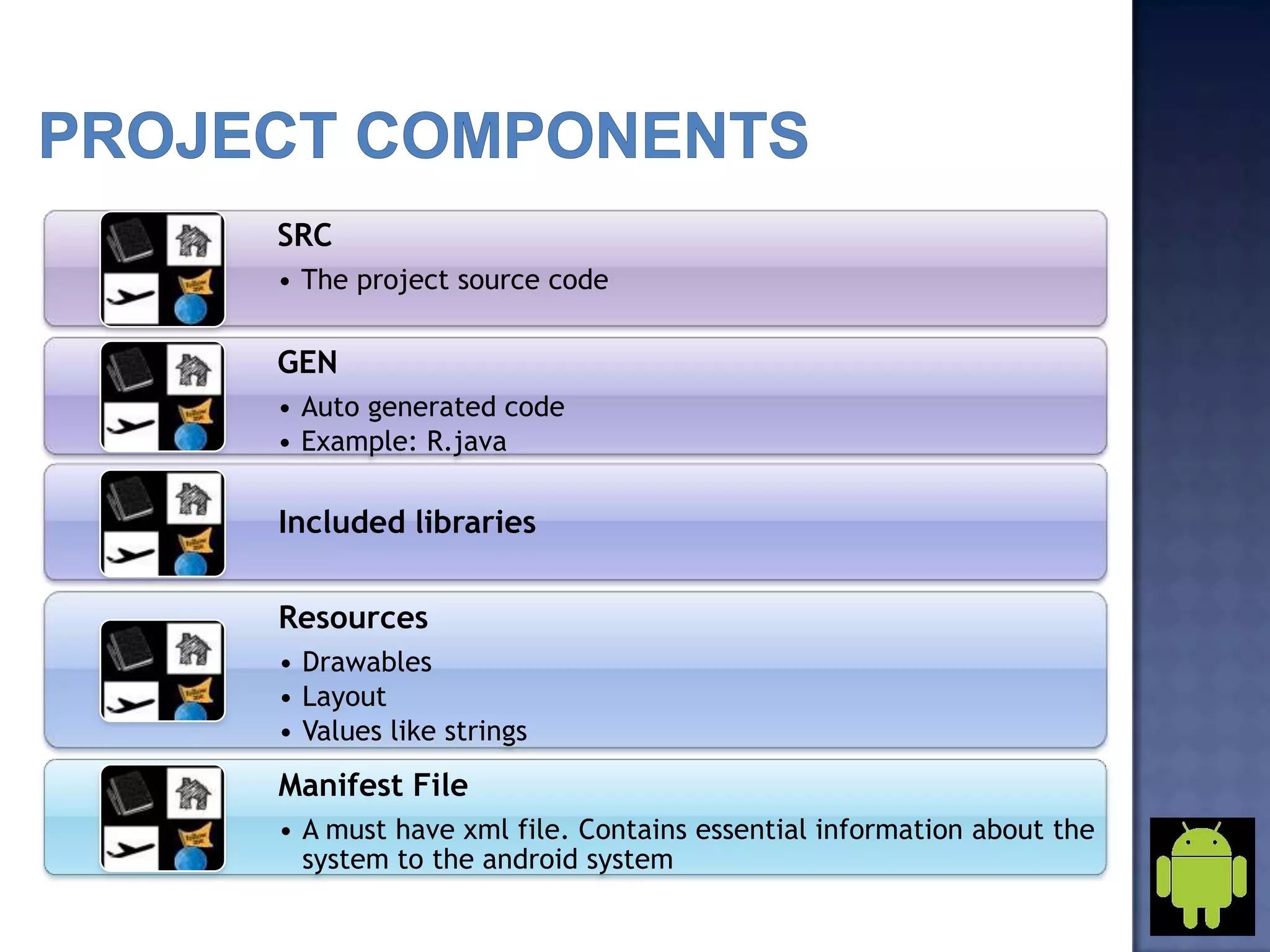 SRC
• The project source code
GEN
• Auto generated code
• Example: R.java
Included libraries
Resources
• Drawables
• Layout
• Values like strings
Manifest File
• A must have xml file. Contains essential information about the
system to the android system
 