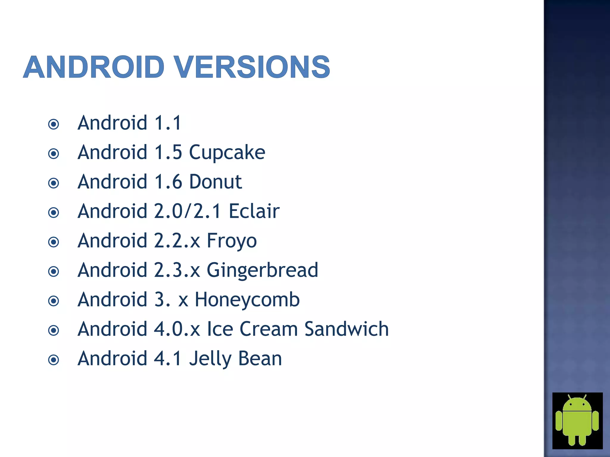  Android 1.1
 Android 1.5 Cupcake
 Android 1.6 Donut
 Android 2.0/2.1 Eclair
 Android 2.2.x Froyo
 Android 2.3.x Gingerbread
 Android 3. x Honeycomb
 Android 4.0.x Ice Cream Sandwich
 Android 4.1 Jelly Bean
 
