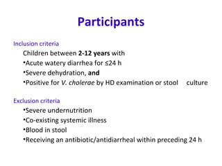 Participants
Inclusion criteria
Children between 2-12 years with
•Acute watery diarrhea for ≤24 h
•Severe dehydration, and
•Positive for V. cholerae by HD examination or stool culture
Exclusion criteria
•Severe undernutrition
•Co-existing systemic illness
•Blood in stool
•Receiving an antibiotic/antidiarrheal within preceding 24 h
 