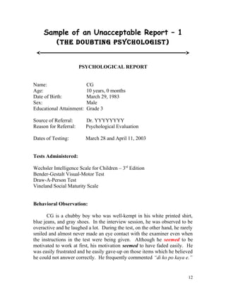 psychological report sample behavioral observations