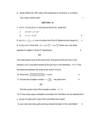 Sample question paper math Class XI CBSE | PDF