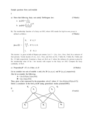 Sample questions from each module
I
a) Show that following fuzzy sets satisfy DeMorgans law: (3 Marks)
a. µA(x) =
1
1+5x
b. µB(x)= (
1
1+5𝑥
)
1/2
b) The membership function of a fuzzy set HIG, where HIG stands for high income group,is
defined as follows: (3 Marks)
0, if i ≤ 3
µHIG (i) =
𝑖−3
3
, if 3 ≤ i ≤ 6
1, if 6 ≤ i
The income i is given in lakh of Rupees per annum. Let U = {Joy, Jeev, Nina, Simi} be a universe of
four persons. Yearly income of Joy, Jeev, Nina, and Simi are Rs. 5 lakh, Rs. 8 lakh, Rs. 4 lakh, and
Rs. 3.5 lakh respectively. Construct a fuzzy set Rich on U where the richness of a person is given by
the membership value of his / her income with respect to the fuzzy set HIG. Compute the fuzzy
cardinality of Rich.
c) Proposition,P : If x is A then y is B (6 Marks)
Let us consider two sets of variable x and y be; X={x1,x2,x3} and Y={y1,y2},respectively
Also let us consider the following;
A = {(x1,0.5),(x2,1),(x3,0.6)}
B = {(y1,1),(y2,0.4)}
Then, given a fact expressed by the proposition x is A`, where A`={(x1,0.6),(x2,0.9),(x3,0.7)}
Derive a conclusion in the form y is B` (using generalized modus ponens(GMP)).
II
a) (8 marks)
Y1
11
X1
Y2
11
X2
X3
C1 C2
 