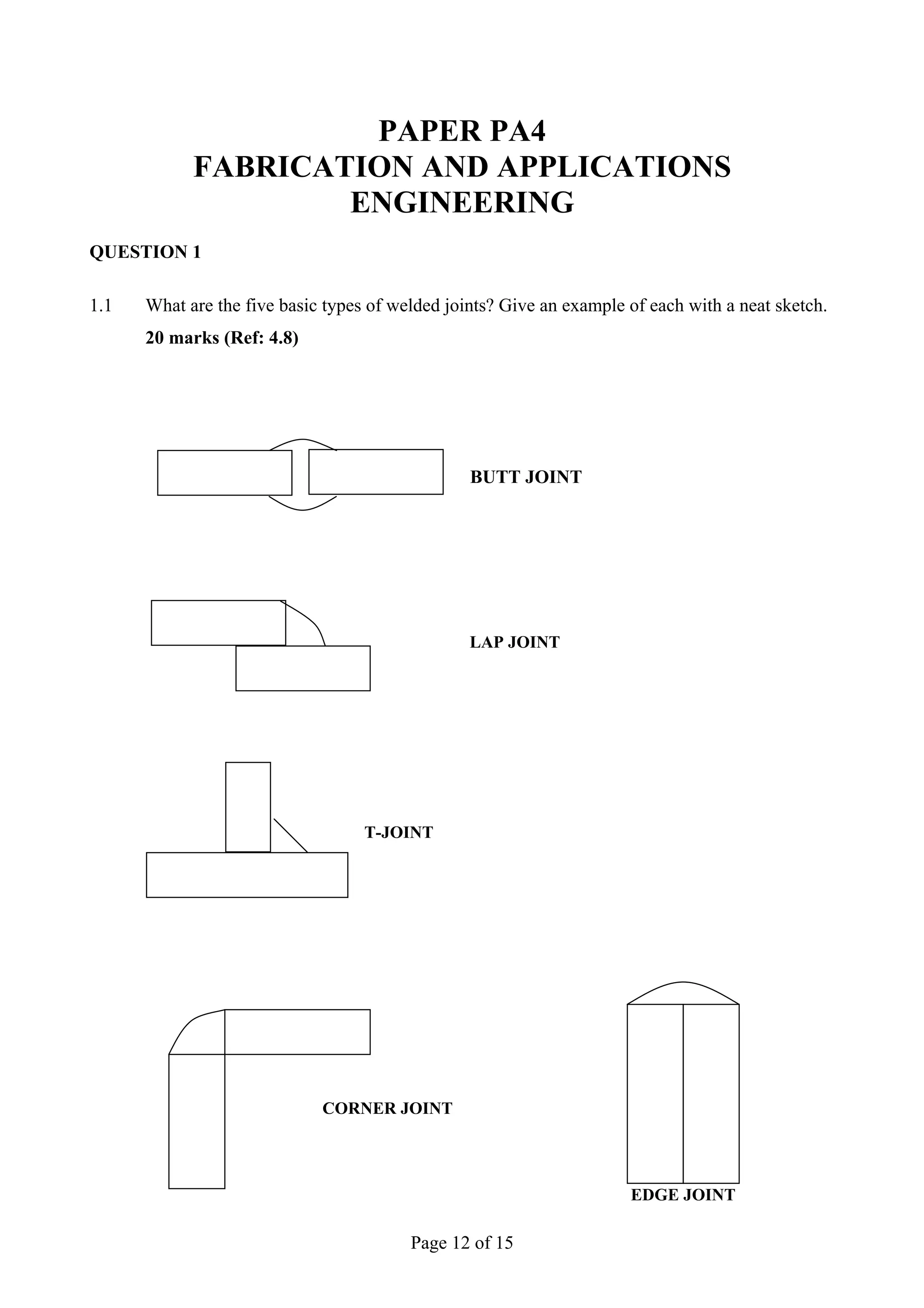 PAPER PA4
            FABRICATION AND APPLICATIONS
                    ENGINEERING
QUESTION 1

1.1   What are the five basic types of welded joints? Give an example of each with a neat sketch.
      20 marks (Ref: 4.8)




                                                 BUTT JOINT




                                                 LAP JOINT




                                   T-JOINT




                             CORNER JOINT




                                                                      EDGE JOINT

                                         Page 12 of 15
 