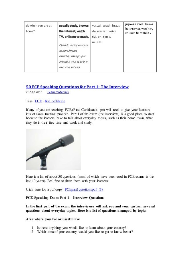 sample certificate teaching practice 1 speaking fce Sample questions part 1