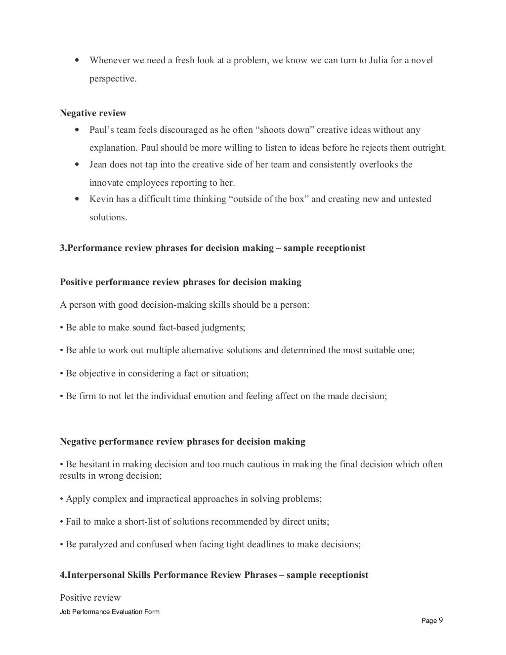 Sample receptionist performance appraisal