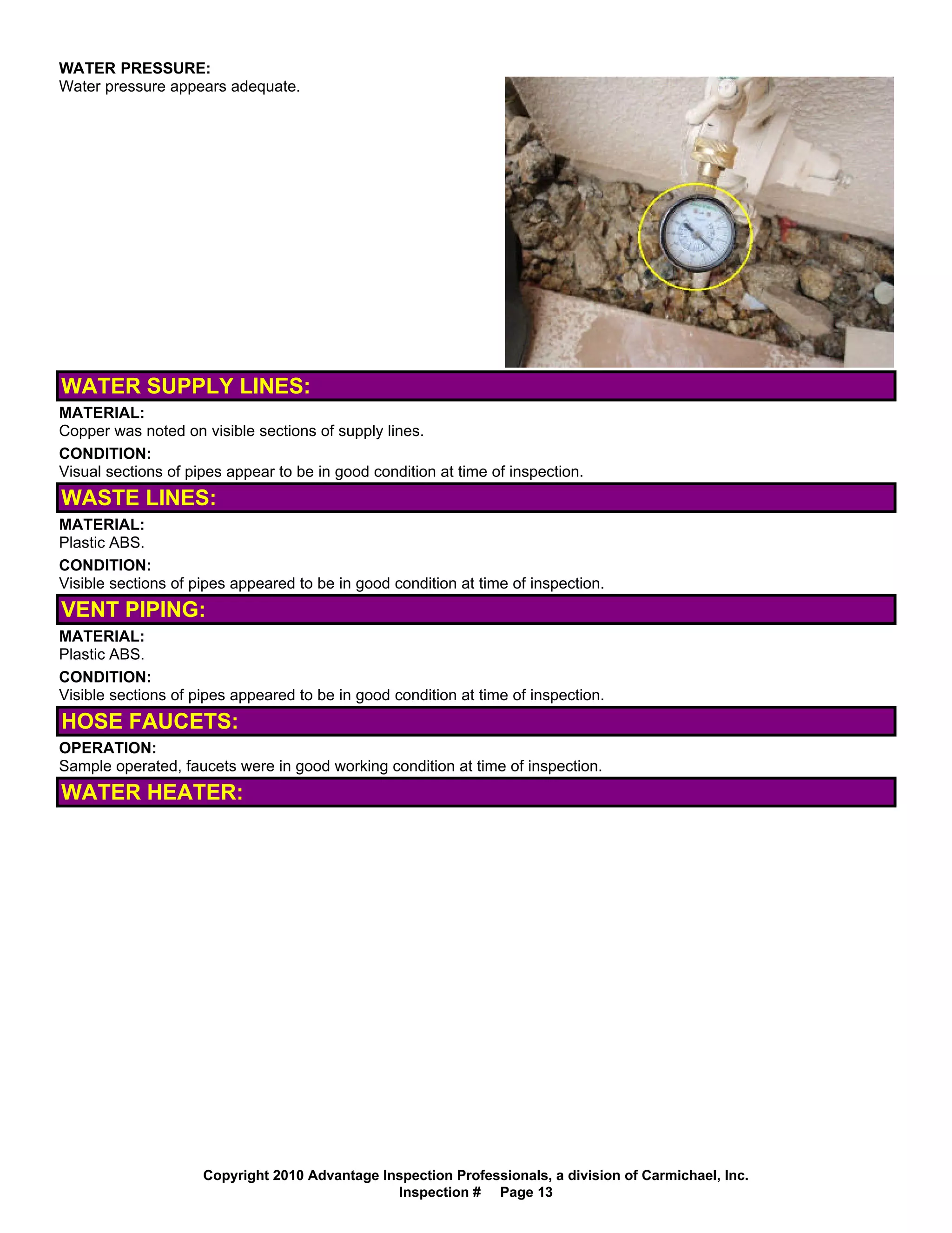 WATER PRESSURE:
Water pressure appears adequate.




WATER SUPPLY LINES:
MATERIAL:
Copper was noted on visible sections of supply lines.
CONDITION:
Visual sections of pipes appear to be in good condition at time of inspection.
WASTE LINES:
MATERIAL:
Plastic ABS.
CONDITION:
Visible sections of pipes appeared to be in good condition at time of inspection.
VENT PIPING:
MATERIAL:
Plastic ABS.
CONDITION:
Visible sections of pipes appeared to be in good condition at time of inspection.
HOSE FAUCETS:
OPERATION:
Sample operated, faucets were in good working condition at time of inspection.
WATER HEATER:




                     Copyright 2010 Advantage Inspection Professionals, a division of Carmichael, Inc.
                                                Inspection # Page 13
 