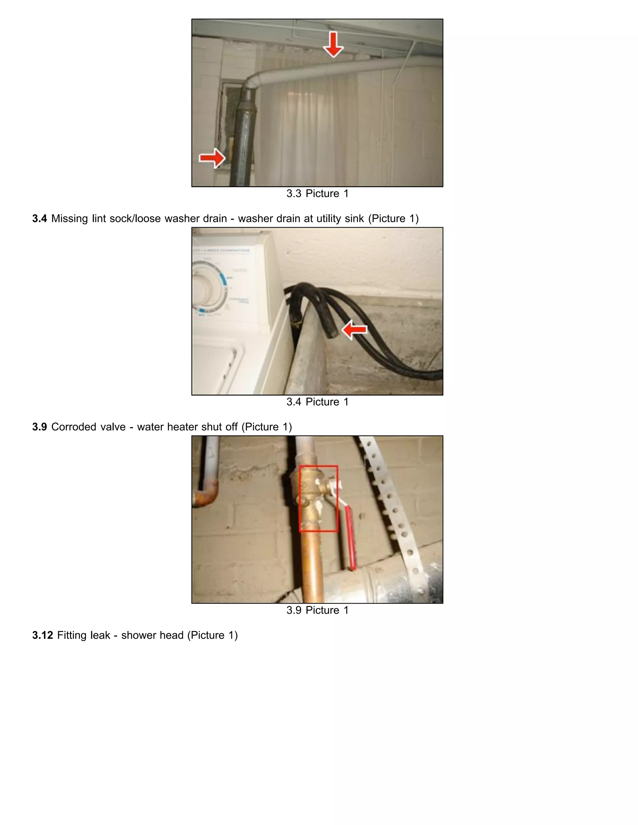 3.3 Picture 1
3.4 Missing lint sock/loose washer drain - washer drain at utility sink (Picture 1)
3.4 Picture 1
3.9 Corroded valve - water heater shut off (Picture 1)
3.9 Picture 1
3.12 Fitting leak - shower head (Picture 1)
 