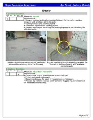 Closer Look Home Inspections                                                      Any Street, Anytown, Ontario

                                                            Exterior
 1. Driveway Condition
 Funtio   Mon   N/A   Minor Major
  nal                 Repair Repair   Materials: Asphalt
  X                                   Observations:
                                      • Suggest sealing/caulking the opening between the foundation and the
                                      driveway with an elastic concrete caulk.
                                      • Common cracks and patching noted.
                                      • Settlement and common cracking noted.
                                      • Suggest repairing as necessary and sealing to preserve the remaining life
                                      of the driveway.




   Suggest repairing as necessary and sealing to                 Suggest sealing/caulking the opening between the
    preserve the remaining life of the driveway.                    foundation and the driveway with an elastic
                                                                                  concrete caulk.
 2. Walkway Conditions
 Funtio Mon N/A Minor Major
  nal           Repair Repair Materials: Paver/Tile • Patio Stone


                 X            Observations:
                              • Common cracks and heaved/settled areas observed.
                              • Evidence of ponding observed.
                              • Recommend review for repair or replacement as necessary.
                              • Possible trip hazard. This is a safety concern. Suggest repair/replacement
                              as needed to ensure safety.




                                                                                                         Page 9 of 60
 
