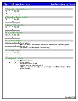 Closer Look Home Inspections                                              Any Street, Anytown, Ontario

 7. Garage Door Hardware Condition
 Funtio   Mon   N/A   Minor Major
  nal                 Repair Repair


  X

 8. Garage Door Opener Condition
 Funtio   Mon   N/A   Minor Major
  nal                 Repair Repair


                X

 9. Garage Window Conditions
 Funtio   Mon   N/A   Minor Major
  nal                 Repair Repair


                X

 10. Exterior Door Condition
 Funtio   Mon   N/A   Minor Major
  nal                 Repair Repair


                X

 11. Fire Door Conditions
 Funtio Mon N/A Minor Major
  nal           Repair Repair Observations:


                 X            • No self closer. Recommend installation of self closer to protect against
                              fume entry.
                              • Recommend installation of fire-rated door.
 12. Fire Wall Condition
 Funtio   Mon   N/A   Minor Major
  nal                 Repair Repair


  X

 13. Garage Wall Condition
 Funtio Mon N/A Minor Major
  nal           Repair Repair Materials: Plaster


        X        X            Observations:
                              • Common cracks noted.
                              • Dry at the time of the inspection.
                              • Efflorescence observed; this is a mineral deposit left behind from exterior
                              water infiltration.




                                                                                                  Page 22 of 60
 