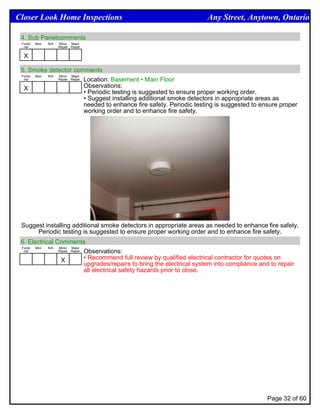 Closer Look Home Inspections                                             Any Street, Anytown, Ontario

 4. Sub Panelcomments
 Funtio   Mon   N/A   Minor Major
  nal                 Repair Repair


  X

 5. Smoke detector comments
 Funtio Mon N/A Minor Major
  nal           Repair Repair Location: Basement • Main Floor


  X                           Observations:
                              • Periodic testing is suggested to ensure proper working order.
                              • Suggest installing additional smoke detectors in appropriate areas as
                              needed to enhance fire safety. Periodic testing is suggested to ensure proper
                              working order and to enhance fire safety.




 Suggest installing additional smoke detectors in appropriate areas as needed to enhance fire safety.
      Periodic testing is suggested to ensure proper working order and to enhance fire safety.
 6. Electrical Comments
 Funtio Mon N/A Minor Major
  nal           Repair Repair Observations:


                 X            • Recommend full review by qualified electrical contractor for quotes on
                              upgrades/repairs to bring the electrical system into compliance and to repair
                              all electrical safety hazards prior to close.




                                                                                                Page 32 of 60
 