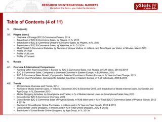 We deliver the facts – you make the decisions
RESEARCH ON INTERNATIONAL MARKETS
9
Table of Contents (4 of 11)
3. China (cont.)
3.7. Players (cont.)
• Overview of Foreign B2C E-Commerce Players, 2014
• Breakdown of B2C E-Commerce Sales, by Players, in %, 2013
• Breakdown of B2C E-Commerce Direct-to-Consumer Sales, by Players, in %, 2013
• Breakdown of B2C E-Commerce Sales, by Websites, in %, Q1 2014
• Most Visited E-Commerce Websites, by Number of Unique Visitors, in millions, and Time Spent per Visitor, in Minutes, March 2013
• Profile of Tmall
• Profile of JD.com
• Profile of Tencent
4. Russia
4.1. Overview & International Comparisons
• Ranking within Top 5 Countries in Europe by B2C E-Commerce Sales, incl. Russia, in EUR billion, 2013 & 2014f
• B2C E-Commerce Sales, Compared to Selected Countries in Eastern Europe, in EUR billion, 2013
• B2C E-Commerce Sales Growth, Compared to Selected Countries in Eastern Europe, in % Year-on-Year Change, 2013
• Internet User Penetration, Compared to Selected Countries in Eastern Europe, in % of Individuals, 2009 & 2013
4.2. Trends
• M-Commerce Overview and Trends, 2014
• Number of Mobile Internet Users, in millions, December 2012 & December 2013, and Breakdown of Mobile Internet Users, by Gender and
Age Group, in %, December 2013
• Mobile Shopping Activities, by Smartphone and Tablet, in % of Mobile Internet Users on Smartphone/Tablet, May 2013
• Cross-Border B2C E-Commerce Overview, 2014
• Cross-Border B2C E-Commerce Sales of Physical Goods, in RUB billion and in % of Total B2C E-Commerce Sales of Physical Goods, 2012
& 2013e
• Number of Cross-Border Online Purchases, in millions and in % Year-on-Year Growth, 2012 & 2013
• Cross-Border Online Shoppers, in millions and in % of Total Online Shoppers, 2012 & 2013e
• Breakdown of Cross-Border Online Shoppers, by Age Group, in %, 2013e
 