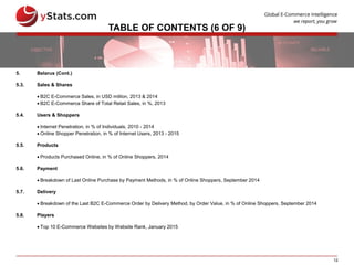 12
TABLE OF CONTENTS (6 OF 9)
5. Belarus (Cont.)
5.3. Sales & Shares
 B2C E-Commerce Sales, in USD million, 2013 & 2014
 B2C E-Commerce Share of Total Retail Sales, in %, 2013
5.4. Users & Shoppers
 Internet Penetration, in % of Individuals, 2010 - 2014
 Online Shopper Penetration, in % of Internet Users, 2013 - 2015
5.5. Products
 Products Purchased Online, in % of Online Shoppers, 2014
5.6. Payment
 Breakdown of Last Online Purchase by Payment Methods, in % of Online Shoppers, September 2014
5.7. Delivery
 Breakdown of the Last B2C E-Commerce Order by Delivery Method, by Order Value, in % of Online Shoppers, September 2014
5.8. Players
 Top 10 E-Commerce Websites by Website Rank, January 2015
 