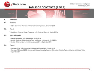 15
TABLE OF CONTENTS (9 OF 9)
8. Uzbekistan
8.1. Overview
 B2C E-Commerce Overview and International Comparisons, November 2015
8.2. Trends
 Breakdown of Internet Usage Frequency, in % of Internet Users, by Device, 2015e
8.3. Users & Shoppers
 Internet Penetration, in % of Individuals, 2010 - 2014
 Number of Internet Subscribers, by Fixed and Mobile, in thousands, 2013 & 2014
 Number of Internet Users, in millions, January 2015 & September 2015
8.4. Players
 Overview of Top 10 E-Commerce Websites, by Website Rank, October 2015
 Overview of Selected B2C E-Commerce Websites, Accepting Payment Online, incl. Website Rank and Number of Website Visits,
September 2015
 