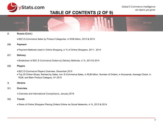 8
TABLE OF CONTENTS (2 OF 9)
2. Russia (Cont.)
 B2C E-Commerce Sales by Product Categories, in RUB billion, 2013 & 2014
2.6. Payment
 Payment Methods Used in Online Shopping, in % of Online Shoppers, 2011 - 2014
2.7. Delivery
 Breakdown of B2C E-Commerce Orders by Delivery Methods, in %, 2013 & 2014
2.8. Players
 B2C E-Commerce Players Overview, December 2015
 Top 20 Online Shops, Ranked by Sales, incl. E-Commerce Sales, in RUB billion, Number of Orders, in thousands, Average Check, in
RUB, and Main Product Category, H1 2015
3. Ukraine
3.1. Overview
 Overview and International Comparisons, January 2016
3.2. Trends
 Share of Online Shoppers Placing Orders Online via Social Networks, in %, 2013 & 2014
 