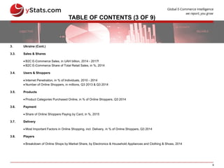 9
TABLE OF CONTENTS (3 OF 9)
3. Ukraine (Cont.)
3.3. Sales & Shares
 B2C E-Commerce Sales, in UAH billion, 2014 - 2017f
 B2C E-Commerce Share of Total Retail Sales, in %, 2014
3.4. Users & Shoppers
 Internet Penetration, in % of Individuals, 2010 - 2014
 Number of Online Shoppers, in millions, Q3 2013 & Q3 2014
3.5. Products
 Product Categories Purchased Online, in % of Online Shoppers, Q3 2014
3.6. Payment
 Share of Online Shoppers Paying by Card, in %, 2015
3.7. Delivery
 Most Important Factors in Online Shopping, incl. Delivery, in % of Online Shoppers, Q3 2014
3.8. Players
 Breakdown of Online Shops by Market Share, by Electronics & Household Appliances and Clothing & Shoes, 2014
 