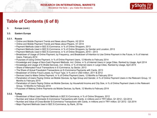 We deliver the facts – you make the decisions
RESEARCH ON INTERNATIONAL MARKETS
11
Table of Contents (6 of 8)
3. Europe (cont.)
3.3. Eastern Europe
3.3.1. Russia
• Online and Mobile Payment Trends and News about Players, H2 2014
• Online and Mobile Payment Trends and News about Players, H1 2014
• Payment Methods Used in B2C E-Commerce, in % of Online Shoppers, 2013
• Payment Methods Used in B2C E-Commerce, in % of Online Shoppers, by Gender and Location, 2013
• Payment Methods Used in B2C E-Commerce, in % of Online Shoppers, 2010 – 2013
• Breakdown of Usage of Online Payment, by Frequency, and Breakdown of Intention to Use Online Payment in the Future, in % of Internet
Users, February 2014
• Purposes of Using Online Payment, in % of Online Payment Users, 12 Months to February 2014
• Knowledge and Usage of Non-Cash Payment Methods, incl. Online, in % of Internet Users in Large Cities, Ranked by Usage, April 2014
• Knowledge and Usage of E-Wallet Services, incl. Online, in % of Internet Users in Large Cities, Ranked by Usage, April 2014
• Share of Attempted Fraud Transactions in E-Commerce, by Sector, 2013
• The Share of Actual Fraudulent Transactions on E-Commerce Payments with Cards, 2013
• Breakdown of Online Fraud Losses, by Fraud Type, in % and in USD million, 2011 & 2012
• Devices Used to Make Online Payment, in % of Online Payment Users, 12 Months to February 2014
• Penetration of Users Paying Online via Mobile Devices, by Age Group and Gender, in % of Online Payment Users in the Relevant Group, 12
Months to February 2014
• Penetration of Users Paying Online via Mobile Devices, by Household Income and City Size, in % of Online Payment Users in the Relevant
Group, 12 Months to February 2014
• Purposes of Making Online Payments via Mobile Devices, by Rank, 12 Months to February 2014
3.3.2. Turkey
• Breakdown of Most Used Payment Methods in B2C E-Commerce, in % of Online Shoppers, 2012
• Number and Value of Domestic E-Commerce Transactions with Cards, in millions and in TRY billion, Q1 2012 - Q3 2014
• Number and Value of Cross-Border E-Commerce Transactions with Cards, in millions and in TRY million, Q1 2012 - Q3 2014
• Major Payment Methods Used in B2C E-Commerce, by Rank, 2014e
 