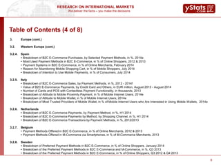 We deliver the facts – you make the decisions
RESEARCH ON INTERNATIONAL MARKETS
9
Table of Contents (4 of 8)
3. Europe (cont.)
3.2. Western Europe (cont.)
3.2.4. Spain
• Breakdown of B2C E-Commerce Purchases, by Selected Payment Methods, in %, 2014e
• Most Used Payment Methods in B2C E-Commerce, in % of Online Shoppers, 2012 & 2013
• Payment Systems in B2C E-Commerce, in % of Online Merchants, February 2014
• Reason for Abandoning Mobile Shopping Cart, in % of Mobile Shoppers, July 2014
• Breakdown of Intention to Use Mobile Payments, in % of Consumers, July 2014
3.2.5. Italy
• Breakdown of B2C E-Commerce Sales, by Payment Methods, in %, 2012 - 2014f
• Value of B2C E-Commerce Payments, by Credit Card and Others, in EUR million, August 2013 - August 2014
• Number of Cards and POS with Contactless Payment Functionality, in thousands, 2013
• Breakdown of Attitude to Mobile Proximity Payment, in % of Mobile Internet Users, 2014e
• Breakdown of Attitude to Mobile Wallet, in % of Mobile Internet Users, 2014e
• Breakdown of Most Trusted Providers of Mobile Wallet, in % of Mobile Internet Users who Are Interested in Using Mobile Wallets, 2014e
3.2.6. Netherlands
• Breakdown of B2C E-Commerce Payments, by Payment Method, in %, H1 2014
• Breakdown of B2C E-Commerce Payments by Method, by Shopping Channel, in %, H1 2014
• Breakdown of B2C E-Commerce Transactions by Payment Methods, in %, 2012/2013
3.2.7. Belgium
• Payment Methods Offered in B2C E-Commerce, in % of Online Merchants, 2012 & 2013
• Payment Methods Offered in M-Commerce via Smartphones, in % of M-Commerce Merchants, 2013
3.2.8. Sweden
• Breakdown of Preferred Payment Methods in B2C E-Commerce, in % of Online Shoppers, January 2014
• Breakdown of the Preferred Payment Methods in B2C E-Commerce and M-Commerce, in %, Q3 2013
• Breakdown of the Preferred Payment Methods in B2C E-Commerce, in % of Online Shoppers, Q3 2012 & Q4 2013
 