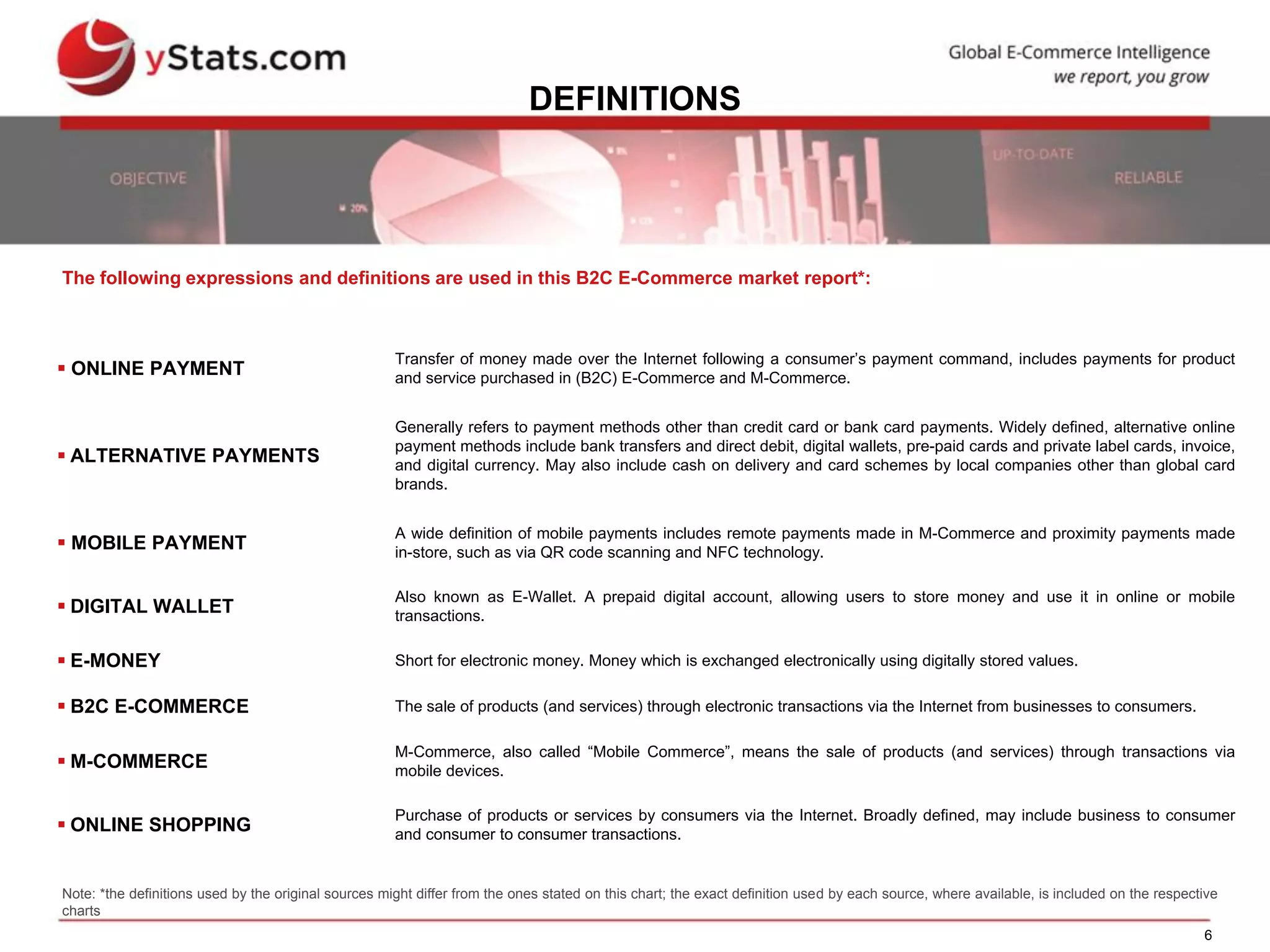 6
DEFINITIONS
 ONLINE PAYMENT
Transfer of money made over the Internet following a consumer’s payment command, includes payments for product
and service purchased in (B2C) E-Commerce and M-Commerce.
 ALTERNATIVE PAYMENTS
Generally refers to payment methods other than credit card or bank card payments. Widely defined, alternative online
payment methods include bank transfers and direct debit, digital wallets, pre-paid cards and private label cards, invoice,
and digital currency. May also include cash on delivery and card schemes by local companies other than global card
brands.
 MOBILE PAYMENT
A wide definition of mobile payments includes remote payments made in M-Commerce and proximity payments made
in-store, such as via QR code scanning and NFC technology.
 DIGITAL WALLET
Also known as E-Wallet. A prepaid digital account, allowing users to store money and use it in online or mobile
transactions.
 E-MONEY Short for electronic money. Money which is exchanged electronically using digitally stored values.
 B2C E-COMMERCE The sale of products (and services) through electronic transactions via the Internet from businesses to consumers.
 M-COMMERCE
M-Commerce, also called “Mobile Commerce”, means the sale of products (and services) through transactions via
mobile devices.
 ONLINE SHOPPING
Purchase of products or services by consumers via the Internet. Broadly defined, may include business to consumer
and consumer to consumer transactions.
The following expressions and definitions are used in this B2C E-Commerce market report*:
Note: *the definitions used by the original sources might differ from the ones stated on this chart; the exact definition used by each source, where available, is included on the respective
charts
 