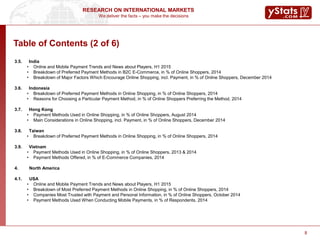 We deliver the facts – you make the decisions
RESEARCH ON INTERNATIONAL MARKETS
8
3.5. India
• Online and Mobile Payment Trends and News about Players, H1 2015
• Breakdown of Preferred Payment Methods in B2C E-Commerce, in % of Online Shoppers, 2014
• Breakdown of Major Factors Which Encourage Online Shopping, incl. Payment, in % of Online Shoppers, December 2014
3.6. Indonesia
• Breakdown of Preferred Payment Methods in Online Shopping, in % of Online Shoppers, 2014
• Reasons for Choosing a Particular Payment Method, in % of Online Shoppers Preferring the Method, 2014
3.7. Hong Kong
• Payment Methods Used in Online Shopping, in % of Online Shoppers, August 2014
• Main Considerations in Online Shopping, incl. Payment, in % of Online Shoppers, December 2014
3.8. Taiwan
• Breakdown of Preferred Payment Methods in Online Shopping, in % of Online Shoppers, 2014
3.9. Vietnam
• Payment Methods Used in Online Shopping, in % of Online Shoppers, 2013 & 2014
• Payment Methods Offered, in % of E-Commerce Companies, 2014
4. North America
4.1. USA
• Online and Mobile Payment Trends and News about Players, H1 2015
• Breakdown of Most Preferred Payment Methods in Online Shopping, in % of Online Shoppers, 2014
• Companies Most Trusted with Payment and Personal Information, in % of Online Shoppers, October 2014
• Payment Methods Used When Conducting Mobile Payments, in % of Respondents, 2014
Table of Contents (2 of 6)
 