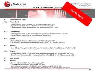 14
TABLE OF CONTENTS (8 OF 11)
4.3. Emerging Markets (Cont.)
4.3.2. Poland (Cont.)
• Devices Used For Online Purchases, in % of Online Shoppers, March 2020
• Digital Payment Methods Owned, in % of Internet Users, November 2020
• Payment Methods Used in M-Commerce, in % of Mobile Shoppers, 2019 & 2020
4.3.3. Czech Republic
• E-Banking Actions Made, by Web Browser & Mobile Application, in % of Respondents, June 2020
• Payment Methods Used To Pay, in % of Respondents, January 2020
4.3.4. Portugal
• Payment Methods Preferred in E-Commerce, in % of Online Shoppers, 2020
• Top Innovative Contactless Payments Emerged During COVID-19, in % of Adults, June 2020
4.3.5. Romania
• Share of Means Through Which Online Purchases Were Made, by Mobile Phone & Desktop, in %, 2019 & 2020
4.3.6. Bulgaria
• Payment Methods Used In the Past Month When Making Payments Online, in % of Consumers, April 2021
• Online Payment Methods Used More Frequently Now Than Before COVID-19, in % of Consumers, April 2021
5. North America
5.1. Regional
• Overview of Online & Mobile Payment Trends, June 2021
• Online & Mobile Payment News About Players, June 2021
• Share of Mobile Transactions, in % of Overall Online Transactions, Q2 2019 & Q2 2020
• Top Drivers of Using Mobile Apps to Interact With Companies, in % of Adult Consumers, 2020 & 2021
 
