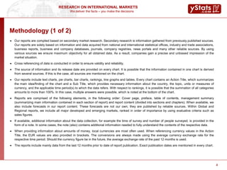 We deliver the facts – you make the decisions
RESEARCH ON INTERNATIONAL MARKETS
4
Methodology (1 of 2)
 Our reports are compiled based on secondary market research. Secondary research is information gathered from previously published sources.
Our reports are solely based on information and data acquired from national and international statistical offices, industry and trade associations,
business reports, business and company databases, journals, company registries, news portals and many other reliable sources. By using
various sources we ensure maximum objectivity for all obtained data. As a result, companies gain a precise and unbiased impression of the
market situation.
 Cross referencing of data is conducted in order to ensure validity and reliability.
 The source of information and its release date are provided on every chart. It is possible that the information contained in one chart is derived
from several sources. If this is the case, all sources are mentioned on the chart.
 Our reports include text charts, pie charts, bar charts, rankings, line graphs and tables. Every chart contains an Action Title, which summarizes
the main idea/finding of the chart and a Sub Title, which provides necessary information about the country, the topic, units or measures of
currency, and the applicable time period(s) to which the data refers. With respect to rankings, it is possible that the summation of all categories
amounts to more than 100%. In this case, multiple answers were possible, which is noted at the bottom of the chart.
 Reports are comprised of the following elements, in the following order: Cover page, preface, table of contents, management summary
(summarizing main information contained in each section of report) and report content (divided into sections and chapters). When available, we
also include forecasts in our report content. These forecasts are not our own; they are published by reliable sources. Within Global and
Regional reports, we include all major developed and emerging markets, ranked in order of importance by using evaluative criteria such as
sales figures.
 If available, additional information about the data collection, for example the time of survey and number of people surveyed, is provided in the
form of a note. In some cases, the note (also) contains additional information needed to fully understand the contents of the respective data.
 When providing information about amounts of money, local currencies are most often used. When referencing currency values in the Action
Title, the EUR values are also provided in brackets. The conversions are always made using the average currency exchange rate for the
respective time period. Should the currency figure be in the future, the average exchange rate of the past 12 months is used.
 The reports include mainly data from the last 12 months prior to date of report publication. Exact publication dates are mentioned in every chart.
4
 
