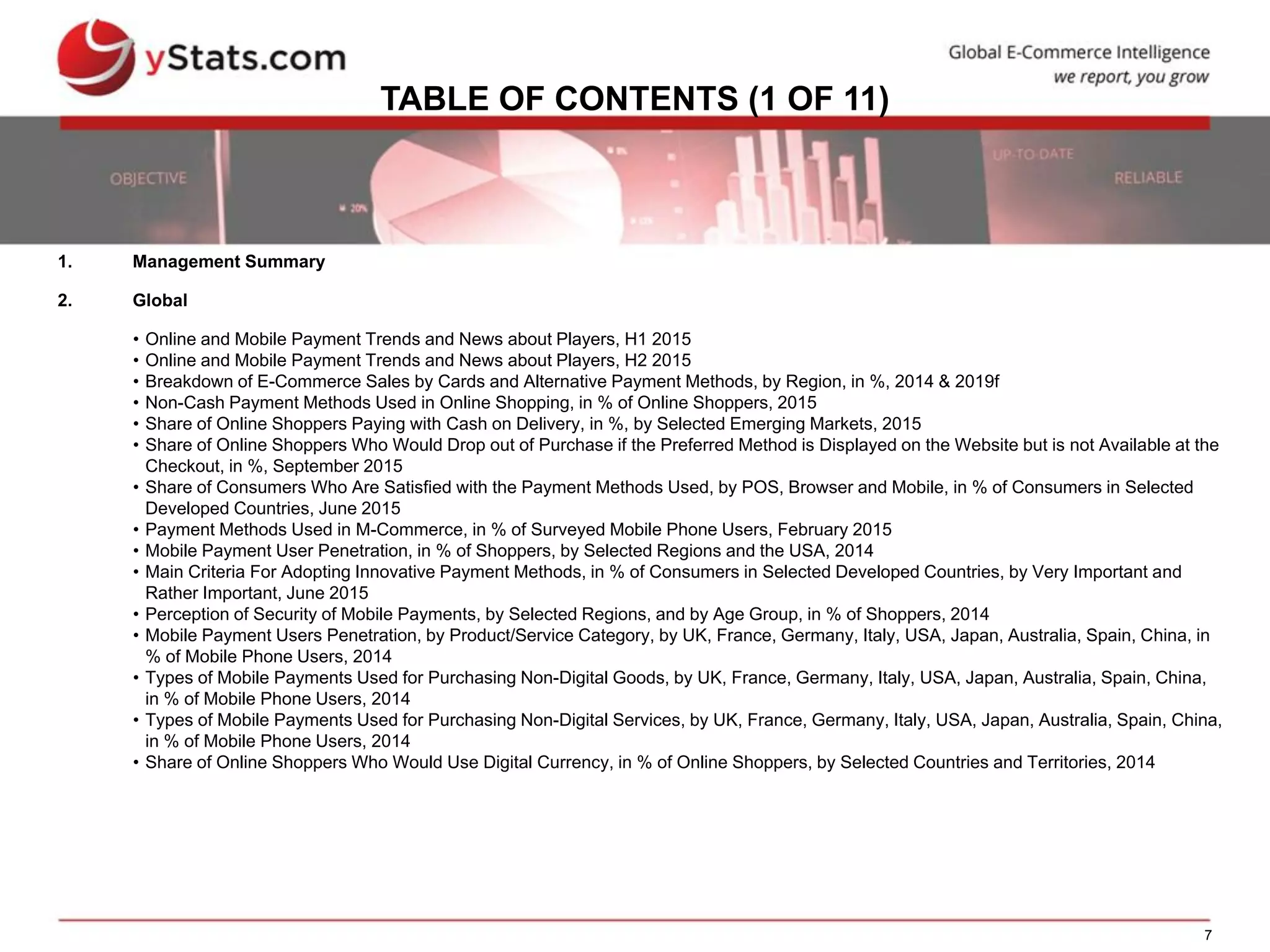 7
TABLE OF CONTENTS (1 OF 11)
1. Management Summary
2. Global
• Online and Mobile Payment Trends and News about Players, H1 2015
• Online and Mobile Payment Trends and News about Players, H2 2015
• Breakdown of E-Commerce Sales by Cards and Alternative Payment Methods, by Region, in %, 2014 & 2019f
• Non-Cash Payment Methods Used in Online Shopping, in % of Online Shoppers, 2015
• Share of Online Shoppers Paying with Cash on Delivery, in %, by Selected Emerging Markets, 2015
• Share of Online Shoppers Who Would Drop out of Purchase if the Preferred Method is Displayed on the Website but is not Available at the
Checkout, in %, September 2015
• Share of Consumers Who Are Satisfied with the Payment Methods Used, by POS, Browser and Mobile, in % of Consumers in Selected
Developed Countries, June 2015
• Payment Methods Used in M-Commerce, in % of Surveyed Mobile Phone Users, February 2015
• Mobile Payment User Penetration, in % of Shoppers, by Selected Regions and the USA, 2014
• Main Criteria For Adopting Innovative Payment Methods, in % of Consumers in Selected Developed Countries, by Very Important and
Rather Important, June 2015
• Perception of Security of Mobile Payments, by Selected Regions, and by Age Group, in % of Shoppers, 2014
• Mobile Payment Users Penetration, by Product/Service Category, by UK, France, Germany, Italy, USA, Japan, Australia, Spain, China, in
% of Mobile Phone Users, 2014
• Types of Mobile Payments Used for Purchasing Non-Digital Goods, by UK, France, Germany, Italy, USA, Japan, Australia, Spain, China,
in % of Mobile Phone Users, 2014
• Types of Mobile Payments Used for Purchasing Non-Digital Services, by UK, France, Germany, Italy, USA, Japan, Australia, Spain, China,
in % of Mobile Phone Users, 2014
• Share of Online Shoppers Who Would Use Digital Currency, in % of Online Shoppers, by Selected Countries and Territories, 2014
 
