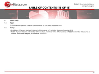 21
TABLE OF CONTENTS (15 OF 15)
8. Africa (Cont.)
8.4. Egypt
• Top 3 Payment Methods Preferred in E-Commerce, in % of Online Shoppers, 2016
8.5. Kenya
• Breakdown of Payment Methods Preferred in E-Commerce, in % of Online Shoppers, November 2016
• Mobile Payment Statistics, incl. Number of Transactions, in millions, Value of Transactions, in KES billion, Number of Accounts, in
millions, and Number of Agents, in thousands, 2008 – 2017
 