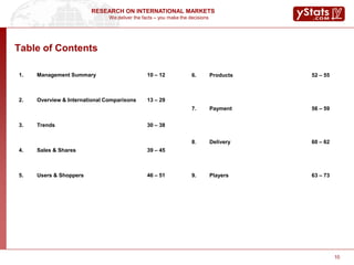 We deliver the facts – you make the decisions
RESEARCH ON INTERNATIONAL MARKETS
1. Management Summary 10 – 12
2. Overview & International Comparisons 13 – 29
3. Trends 30 – 38
4. Sales & Shares 39 – 45
5. Users & Shoppers 46 – 51
10
Table of Contents
6. Products 52 – 55
7. Payment 56 – 59
8. Delivery 60 – 62
9. Players 63 – 73
 
