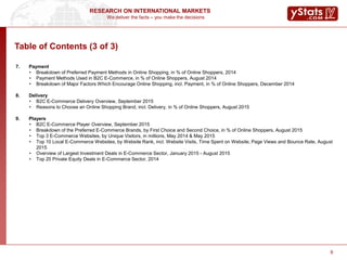 We deliver the facts – you make the decisions
RESEARCH ON INTERNATIONAL MARKETS
9
7. Payment
• Breakdown of Preferred Payment Methods in Online Shopping, in % of Online Shoppers, 2014
• Payment Methods Used in B2C E-Commerce, in % of Online Shoppers, August 2014
• Breakdown of Major Factors Which Encourage Online Shopping, incl. Payment, in % of Online Shoppers, December 2014
8. Delivery
• B2C E-Commerce Delivery Overview, September 2015
• Reasons to Choose an Online Shopping Brand, incl. Delivery, in % of Online Shoppers, August 2015
9. Players
• B2C E-Commerce Player Overview, September 2015
• Breakdown of the Preferred E-Commerce Brands, by First Choice and Second Choice, in % of Online Shoppers, August 2015
• Top 3 E-Commerce Websites, by Unique Visitors, in millions, May 2014 & May 2015
• Top 10 Local E-Commerce Websites, by Website Rank, incl. Website Visits, Time Spent on Website, Page Views and Bounce Rate, August
2015
• Overview of Largest Investment Deals in E-Commerce Sector, January 2015 - August 2015
• Top 20 Private Equity Deals in E-Commerce Sector, 2014
Table of Contents (3 of 3)
 