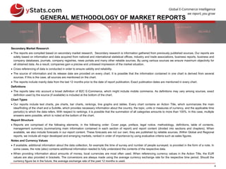 4
GENERAL METHODOLOGY OF MARKET REPORTS
Secondary Market Research
 The reports are compiled based on secondary market research. Secondary research is information gathered from previously published sources. Our reports are
solely based on information and data acquired from national and international statistical offices, industry and trade associations, business reports, business and
company databases, journals, company registries, news portals and many other reliable sources. By using various sources we ensure maximum objectivity for
all obtained data. As a result, companies gain a precise and unbiased impression of the market situation.
 Cross referencing of data is conducted in order to ensure validity and reliability.
 The source of information and its release date are provided on every chart. It is possible that the information contained in one chart is derived from several
sources. If this is the case, all sources are mentioned on the chart.
 The reports include mainly data from the last 12 months prior to the date of report publication. Exact publication dates are mentioned in every chart.
Definitions
 The reports take into account a broad definition of B2C E-Commerce, which might include mobile commerce. As definitions may vary among sources, exact
definition used by the source (if available) is included at the bottom of the chart.
Chart Types
 Our reports include text charts, pie charts, bar charts, rankings, line graphs and tables. Every chart contains an Action Title, which summarizes the main
idea/finding of the chart and a Subtitle, which provides necessary information about the country, the topic, units or measures of currency, and the applicable time
period(s) to which the data refers. With respect to rankings, it is possible that the summation of all categories amounts to more than 100%. In this case, multiple
answers were possible, which is noted at the bottom of the chart.
Report Structure
 Reports are comprised of the following elements, in the following order: Cover page, preface, legal notice, methodology, definitions, table of contents,
management summary (summarizing main information contained in each section of report) and report content (divided into sections and chapters). When
available, we also include forecasts in our report content. These forecasts are not our own; they are published by reliable sources. Within Global and Regional
reports, we include all major developed and emerging markets, ranked in order of importance by using evaluative criteria such as sales figures.
Notes and Currency Values
 If available, additional information about the data collection, for example the time of survey and number of people surveyed, is provided in the form of a note. In
some cases, the note (also) contains additional information needed to fully understand the contents of the respective data.
 When providing information about amounts of money, local currencies are most often used. When referencing currency values in the Action Title, the EUR
values are also provided in brackets. The conversions are always made using the average currency exchange rate for the respective time period. Should the
currency figure be in the future, the average exchange rate of the past 12 months is used.
 