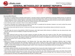 4
GENERAL METHODOLOGY OF MARKET REPORTS
Secondary Market Research
 The reports are compiled based on secondary market research. Secondary research is information gathered from previously published sources. Our reports are
solely based on information and data acquired from national and international statistical offices, industry and trade associations, business reports, business and
company databases, journals, company registries, news portals and many other reliable sources. By using various sources we ensure maximum objectivity for
all obtained data. As a result, companies gain a precise and unbiased impression of the market situation.
 Cross referencing of data is conducted in order to ensure validity and reliability.
 The source of information and its release date are provided on every chart. It is possible that the information contained in one chart is derived from several
sources. If this is the case, all sources are mentioned on the chart.
 The reports include mainly data from the last 12 months prior to the date of report publication. Exact publication dates are mentioned in every chart.
Definitions
 The reports take into account a broad definition of B2C E-Commerce, which might include mobile commerce. As definitions may vary among sources, exact
definition used by the source (if available) is included at the bottom of the chart.
Chart Types
 Our reports include text charts, pie charts, bar charts, rankings, line graphs and tables. Every chart contains an Action Title, which summarizes the main
idea/finding of the chart and a Subtitle, which provides necessary information about the country, the topic, units or measures of currency, and the applicable time
period(s) to which the data refers. With respect to rankings, it is possible that the summation of all categories amounts to more than 100%. In this case, multiple
answers were possible, which is noted at the bottom of the chart.
Report Structure
 Reports are comprised of the following elements, in the following order: Cover page, preface, legal notice, methodology, definitions, table of contents,
management summary (summarizing main information contained in each section of report) and report content (divided into sections and chapters). When
available, we also include forecasts in our report content. These forecasts are not our own; they are published by reliable sources. Within Global and Regional
reports, we include all major developed and emerging markets, ranked in order of importance by using evaluative criteria such as sales figures.
Notes and Currency Values
 If available, additional information about the data collection, for example the time of survey and number of people surveyed, is provided in the form of a note. In
some cases, the note (also) contains additional information needed to fully understand the contents of the respective data.
 When providing information about amounts of money, local currencies are most often used. When referencing currency values in the Action Title, the EUR
values are also provided in brackets. The conversions are always made using the average currency exchange rate for the respective time period. Should the
currency figure be in the future, the average exchange rate of the past 12 months is used.
 
