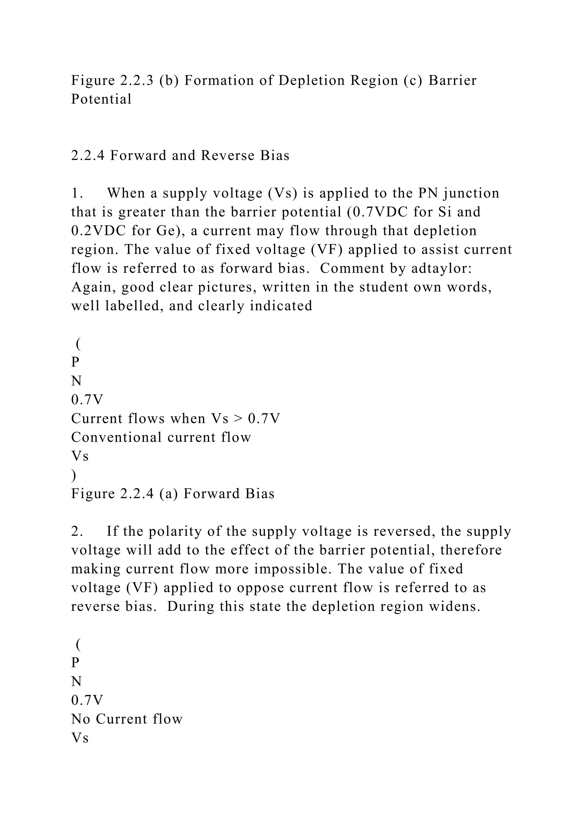 Figure 2.2.3 (b) Formation of Depletion Region (c) Barrier
Potential
2.2.4 Forward and Reverse Bias
1. When a supply voltage (Vs) is applied to the PN junction
that is greater than the barrier potential (0.7VDC for Si and
0.2VDC for Ge), a current may flow through that depletion
region. The value of fixed voltage (VF) applied to assist current
flow is referred to as forward bias. Comment by adtaylor:
Again, good clear pictures, written in the student own words,
well labelled, and clearly indicated
(
P
N
0.7V
Current flows when Vs > 0.7V
Conventional current flow
Vs
)
Figure 2.2.4 (a) Forward Bias
2. If the polarity of the supply voltage is reversed, the supply
voltage will add to the effect of the barrier potential, therefore
making current flow more impossible. The value of fixed
voltage (VF) applied to oppose current flow is referred to as
reverse bias. During this state the depletion region widens.
(
P
N
0.7V
No Current flow
Vs
 