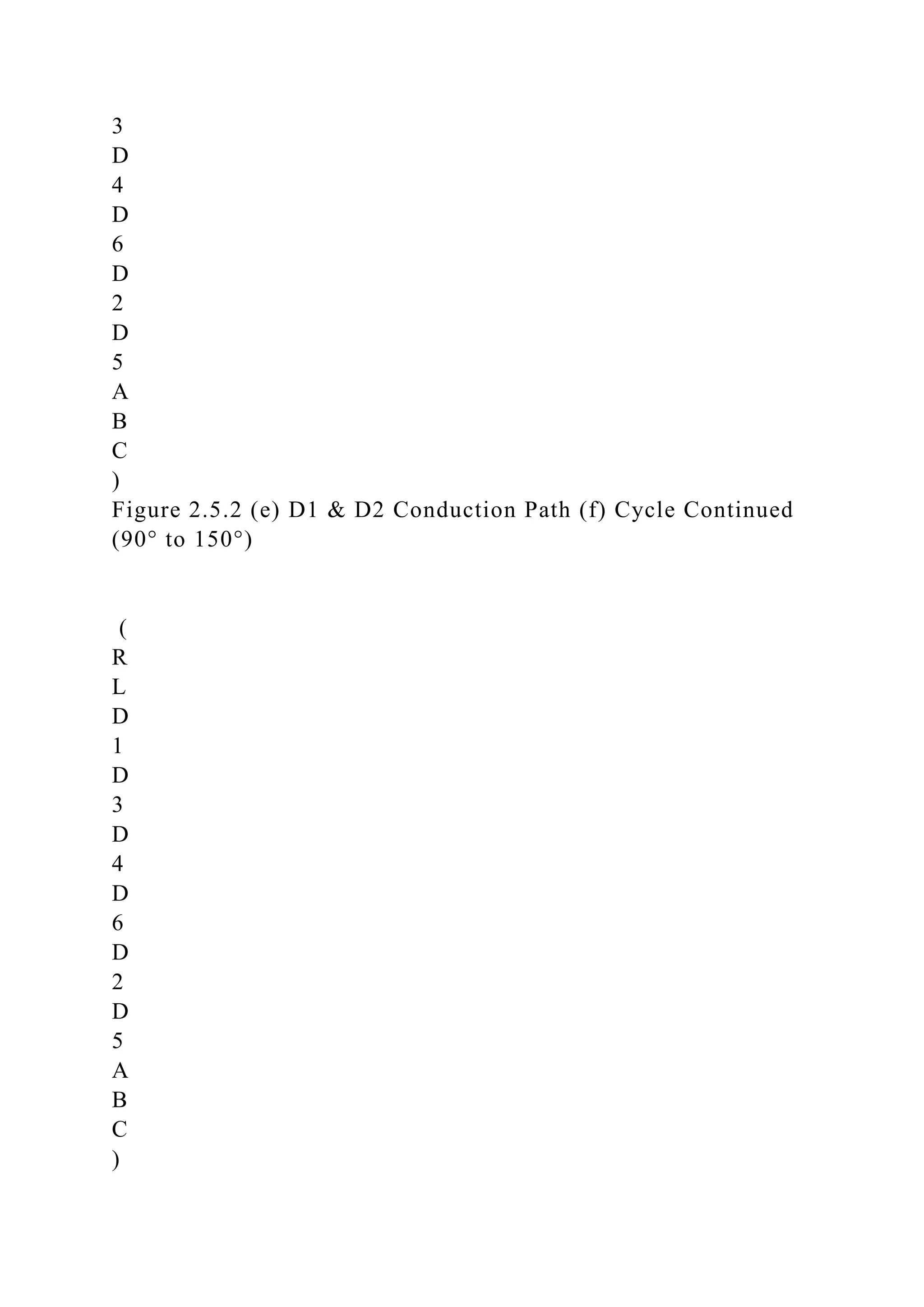 3
D
4
D
6
D
2
D
5
A
B
C
)
Figure 2.5.2 (e) D1 & D2 Conduction Path (f) Cycle Continued
(90° to 150°)
(
R
L
D
1
D
3
D
4
D
6
D
2
D
5
A
B
C
)
 