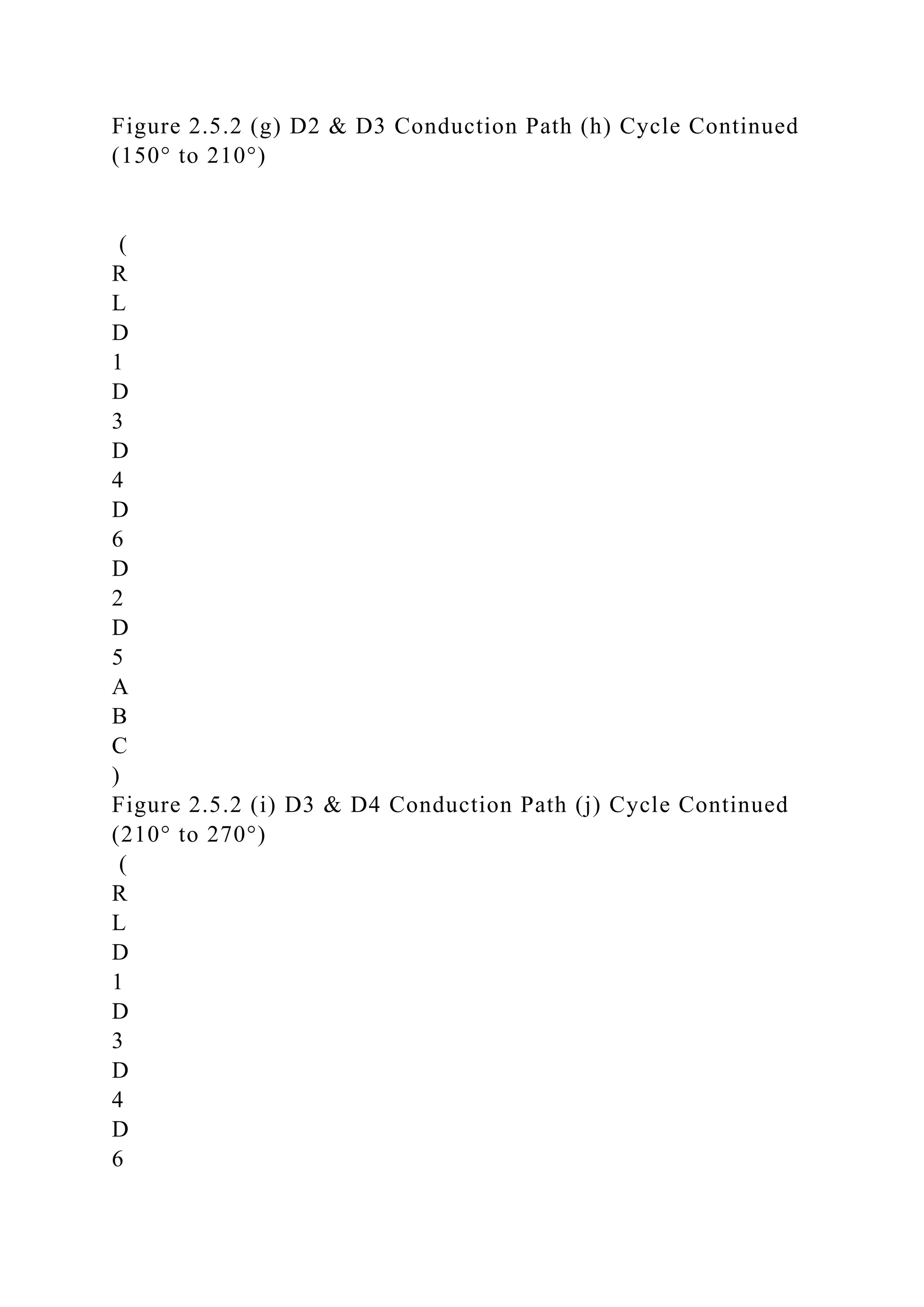 Figure 2.5.2 (g) D2 & D3 Conduction Path (h) Cycle Continued
(150° to 210°)
(
R
L
D
1
D
3
D
4
D
6
D
2
D
5
A
B
C
)
Figure 2.5.2 (i) D3 & D4 Conduction Path (j) Cycle Continued
(210° to 270°)
(
R
L
D
1
D
3
D
4
D
6
 