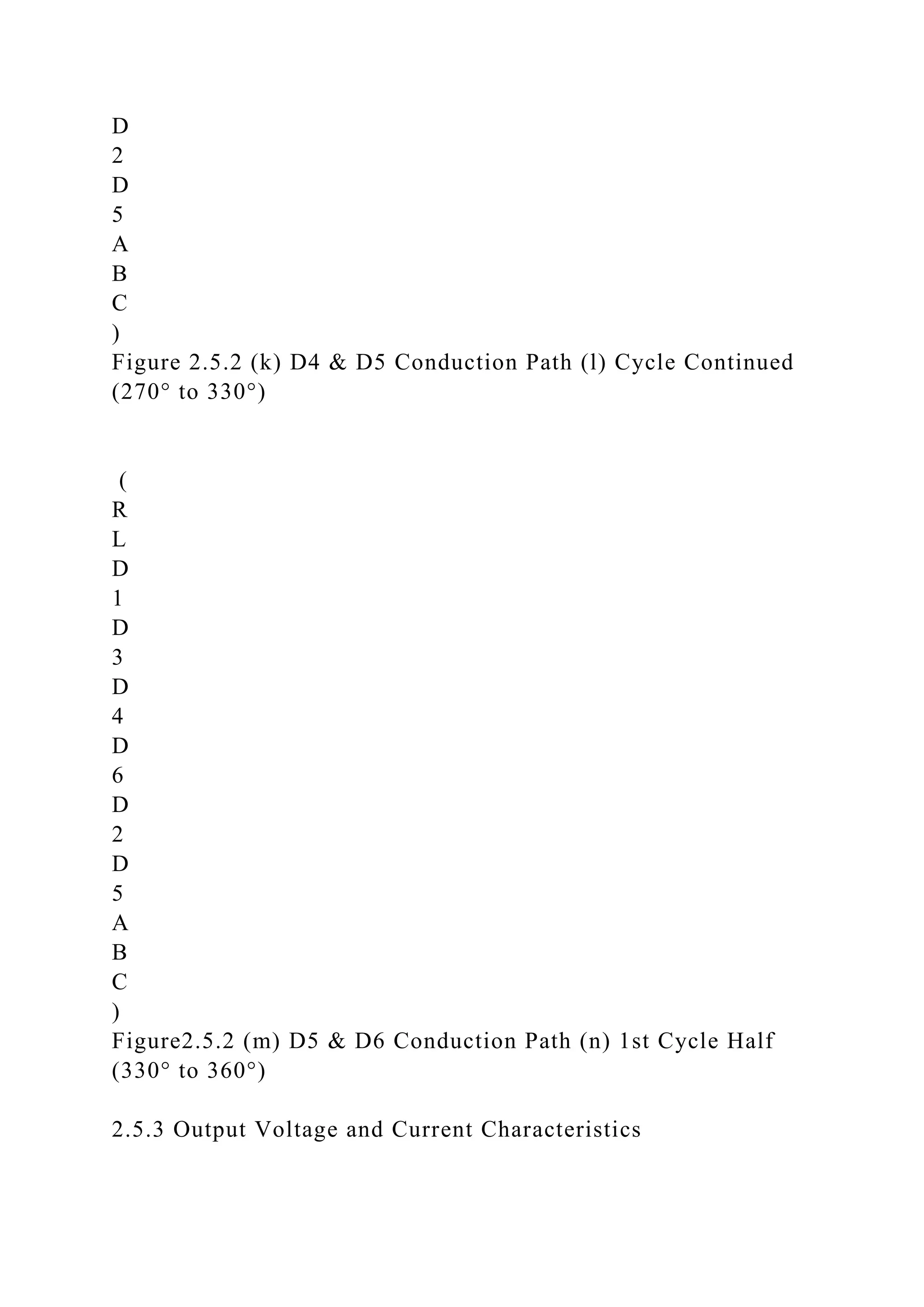D
2
D
5
A
B
C
)
Figure 2.5.2 (k) D4 & D5 Conduction Path (l) Cycle Continued
(270° to 330°)
(
R
L
D
1
D
3
D
4
D
6
D
2
D
5
A
B
C
)
Figure2.5.2 (m) D5 & D6 Conduction Path (n) 1st Cycle Half
(330° to 360°)
2.5.3 Output Voltage and Current Characteristics
 